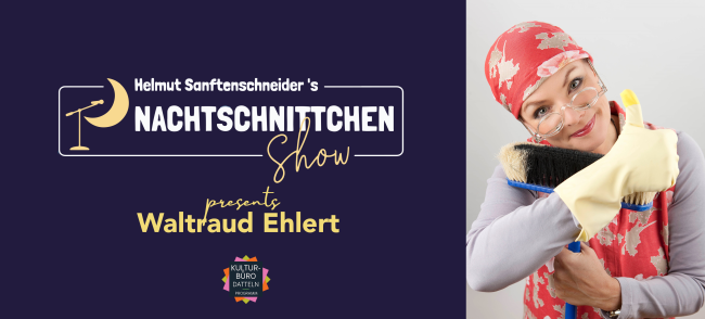 Waltraud Ehlert als Reinigungskraft mit einem Schrubber in der Hand. Ansonsten enthält das Bild Infos zur Veranstaltung, die auch im Ankündigungstext zu finden sind.
