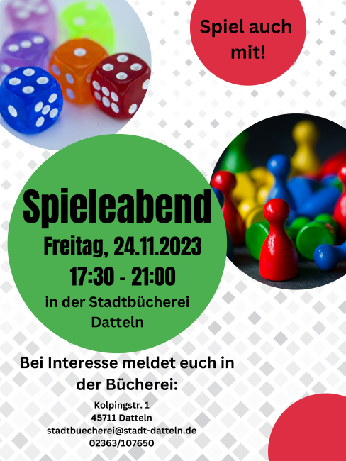 Mehrere bunte Kreise mit Inhalt: in einem sind Würfel, in einem anderen Spielfiguren und in den anderen Informationen wie Datum und Ort für den Spieleabend