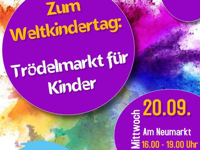 Vor einem lila Hintergrund steht "Zum Weltkindertag - Trödelmarkt für Kinder", außerdem das Datum, an dem der Trödelmarkt stattfindet.
