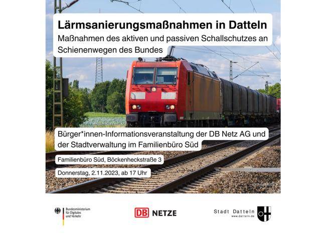 Ein Zug fährt auf den Betrachter zu. Weiterhin sind Infos zur Veranstaltung zu sehen, die sich auch im Text wiederfinden.