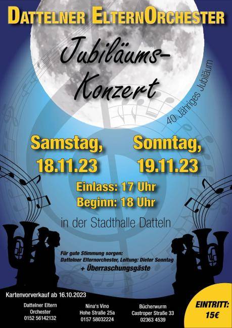 Das Bild zeigt das Plakat für das Dattelner Elternochester Jubiläumskonzert am 18./19.11.23