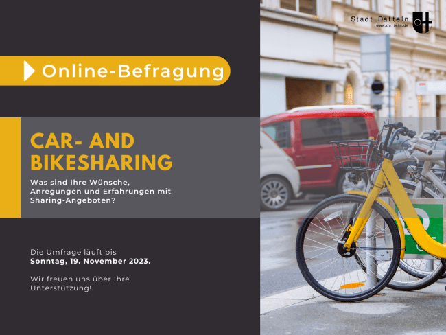 rechts Fahrräder und Autos, Thema ist das Teilen von Autos und Fahrrädern; dazu gibt es eine Umfrage. Die Informationen befinden sich auch im Text.