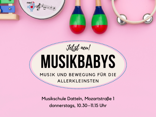 Am oberen Rand sind zu sehen ein Glockenspiel, ein Tamburin, Rassen und ein Schellenring, darunter Infos zum Angebot "Musikbabys", die auch im Text enthalten sind.