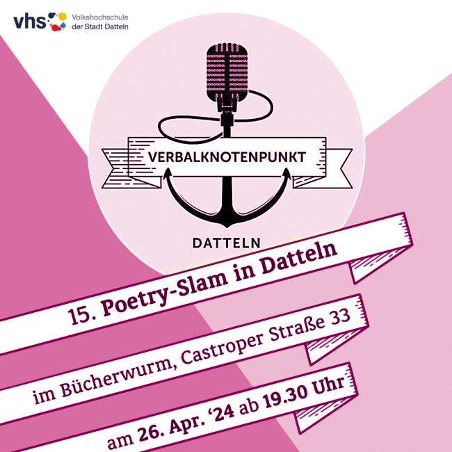 In der Mitte des Bildes ist Mikrofon, das auf einem Anker angebracht ist. Darüber hinaus gibt es Infos zum Verbalknotenpunkt-Poety-Slam, die auch im Text vorhanden sind.