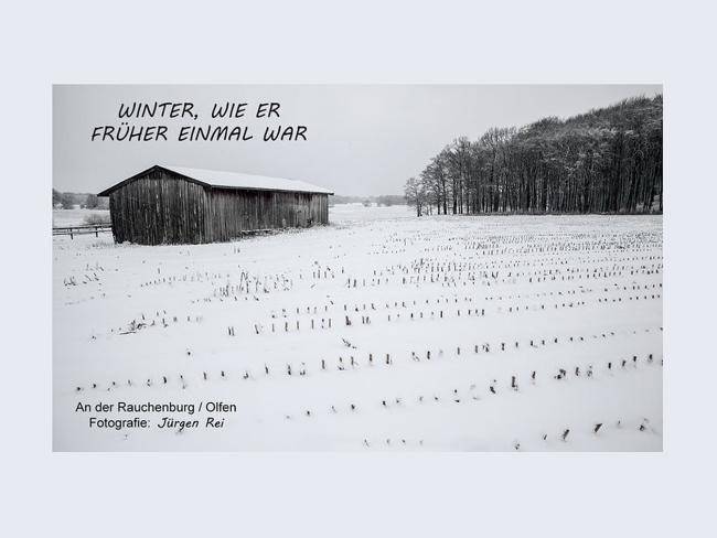 Winterlandschaft an der Rauschenburg in Olfen, schneebedecktes Feld, ein Haus und Wald im Hintergrund 