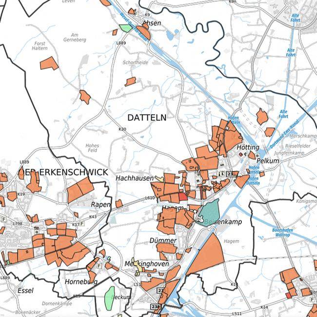 Verschiedene Bebauungspläne sind auf einer Karte von Datteln markiert.