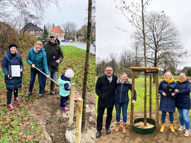 Paten mit ihren Erinnerungsbäume, die in Horneburg und im Höttingspark gepflanzt wurden