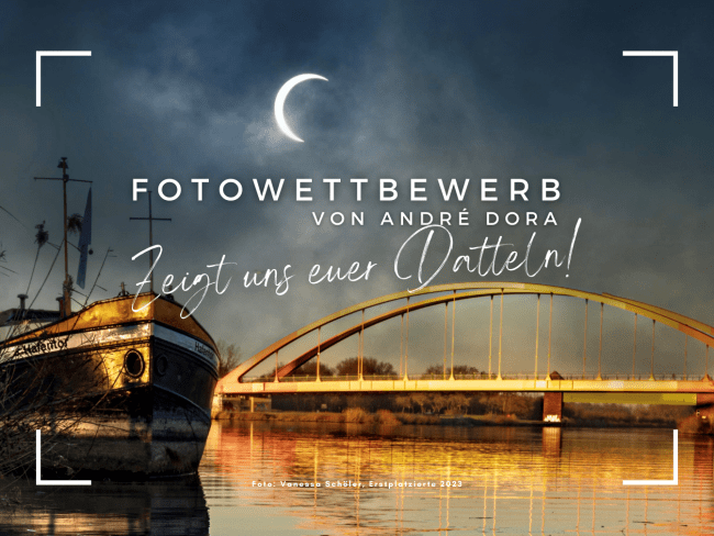 Abendlicher Dattelner-Meer-Bogen mit Schiff im Vordergrund und Hinweisen auf den Fotowettbewerb 2024
