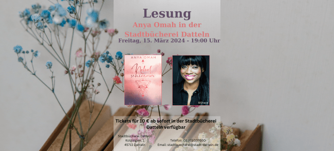 Hinweis auf die Lesung mit Anya Ohma, unter anderem mit einem Bild von ihr