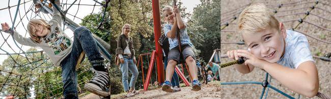 Drei Bilder mit Kindern auf einem Spielplatz, auch zwei Mütter und ein Vater sind zu sehen.