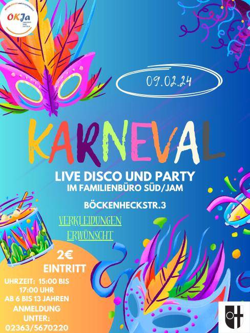 Veranstaltungshinweis mit Daten zur Karnevalsparty am 9. Februar 2024 im JaM