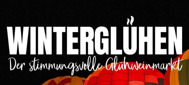 Mehrere Heißluftballone und Hinweise zur Veranstaltung Winterglühen, die vom 16. bis 18. Februar 2024 auf dem Dattelner Neumarkt stattfindet.