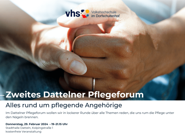 Eine Hand drückt die andere - Hinweis zum zweiten Dattelner Pflegeforum mit dem Logo der VHS im Dorfschultenhof