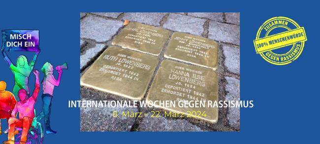 Vier Stolpersteine, die auf die Veranstaltung "Jüdisches Leben in Dattelns Mitte – Eine Spurensuche" im Rahmen der Internationalen Wochen gegen Rassismus 2024 hinweisen