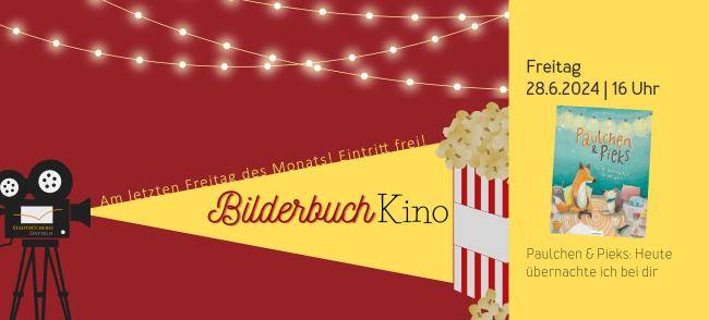 Filmprojektor, der gelbes Licht ausstrahlt. In diesem Strahl steht "Bilderbuchkino. Eintritt frei" und am Ende des Strahls eine Tüte Popcorn. Auf der rechten Seite ist das Titelbild des Buchs "Paulchen"
