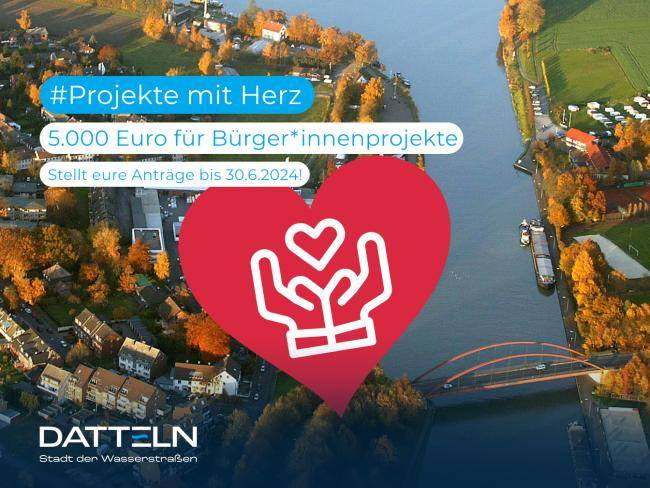 Hinweisbild auf das Bürger*innen-Budget. Vorne ein rotes Herz mit stilisierten Händen, die ein weißes Herz tragen und im Hintergrund das Dattelner Meer. 