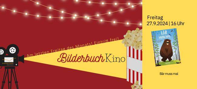 Filmprojektor, der gelbes Licht ausstrahlt. In diesem Strahl steht "Bilderbuchkino. Eintritt frei!" und am Ende des Strahls eine Tüte Popcorn. Auf der rechten Seite ist das Titelbild des Buchs 
