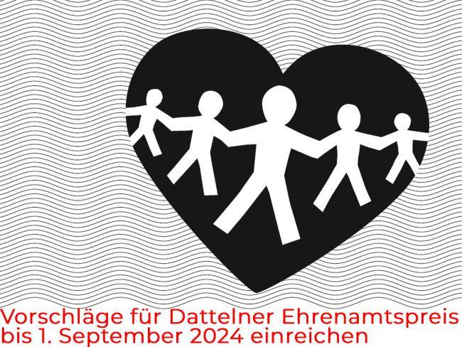 Logo Ehrenamtspreis der Stadt Datteln mit stilisierten Figuren in einem Herz, das auf angedeuteten Wellen liegt, darunter der Hinweis "Vorschläge für Dattelner Ehrenamtspreis bis 1. September 2024 einreichen"