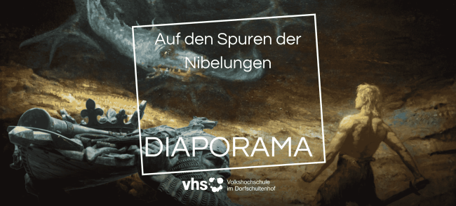 Eine Szene aus dem Nibelungenlied. Drachentöter Siegfried tritt dem Drachen entgegen. Bildtext: Auf den Spuren der Nibelungen – Diaporama.