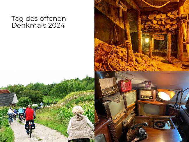 Ausschnitte aus dem privaten Radio- und Fernsehmuseum und dem Bunker-Bergbau-Museum, außerdem mehrere Radfahrende, die von Feldern umrahmt werden.