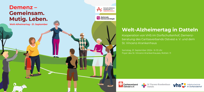 Eine Gruppe Menschen, die einer älteren Dame beim Balancieren auf einer Slackline helfen. Bildtext: Demenz – Gemeinsam. Mutig. Leben. Welt-Alzheimertag • 21. September