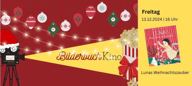 Filmprojektor, der gelbes Licht ausstrahlt. In diesem Strahl steht "Bilderbuchkino. Eintritt frei!" und am Ende des Strahls eine Tüte Popcorn. Auf der rechten Seite ist das Titelbild des Buchs.