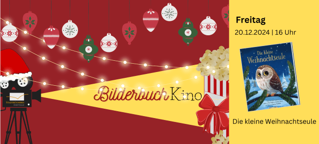 Filmprojektor, der gelbes Licht ausstrahlt. In diesem Strahl steht "Bilderbuchkino. Eintritt frei!" und am Ende des Strahls eine Tüte Popcorn. Auf der rechten Seite ist das Titelbild des Buchs.