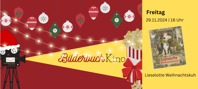 Filmprojektor, der gelbes Licht ausstrahlt. In diesem Strahl steht "Bilderbuchkino. Eintritt frei!" und am Ende des Strahls eine Tüte Popcorn. Auf der rechten Seite ist das Titelbild des Buchs.