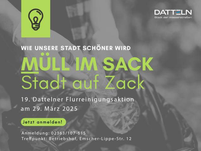 Hinweis auf Flurreinigungsaktion "Müll im Sack - Stadt auf Zack" am 29.3.2025