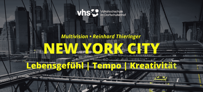 Eine befahrene Brücke vor der Skyline von New York City. Bildtext: Multivision • Reinhard Thieringer. NEW YORK CITY. Lebensgefühl, Tempo, Kreativität.