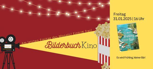 Filmprojektor, der gelbes Licht ausstrahlt. In diesem Strahl steht "Bilderbuchkino. Eintritt frei!" und am Ende des Strahls eine Tüte Popcorn. Auf der rechten Seite ist das Titelbild des Buchs.