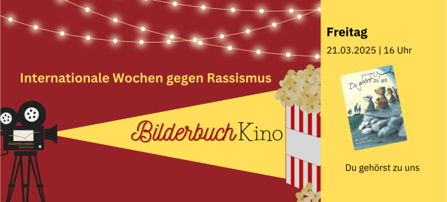 Filmprojektor, der gelbes Licht ausstrahlt. In diesem Strahl steht "Bilderbuchkino. Eintritt frei!" und am Ende des Strahls eine Tüte Popcorn. Auf der rechten Seite ist das Titelbild des Buchs.