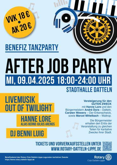 Plakat zur Rotary-After-Job-Party am 9.4.2025