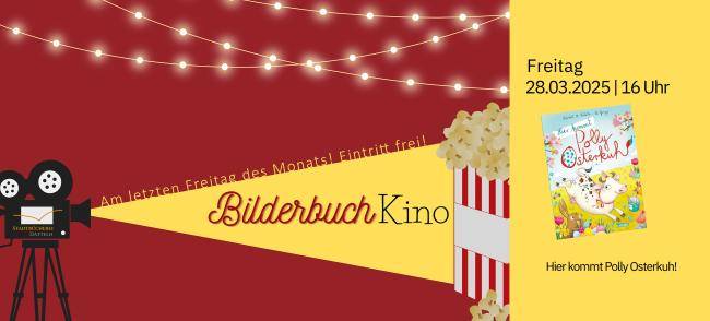 Filmprojektor, der gelbes Licht ausstrahlt. In diesem Strahl steht "Bilderbuchkino. Eintritt frei!" und am Ende des Strahls eine Tüte Popcorn. Auf der rechten Seite ist das Titelbild des Buchs.