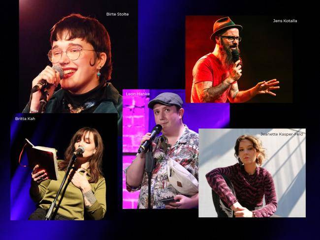 Teilnehmer*innen des Verbalknotenpunkt-Poetry-Slams am 4.4.2025 im Bücherwurm