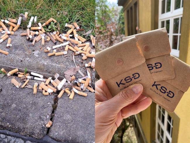 Das Bild zeigt links weggeworfene Zigarettenkippen und links die KSD-Taschenaschenbecher