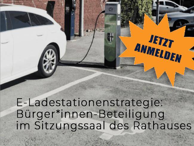 Auto an einer Ladesäule und der Text "Jetzt anmelden"
