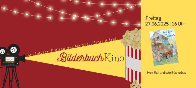 Filmprojektor, der gelbes Licht ausstrahlt. In diesem Strahl steht "Bilderbuchkino. Eintritt frei!" und am Ende des Strahls eine Tüte Popcorn. Auf der rechten Seite ist das Titelbild des Buchs.