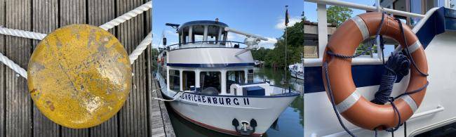 Henrichenburg II im Heimathafen, ein Rettungsring und ein gelber Poller