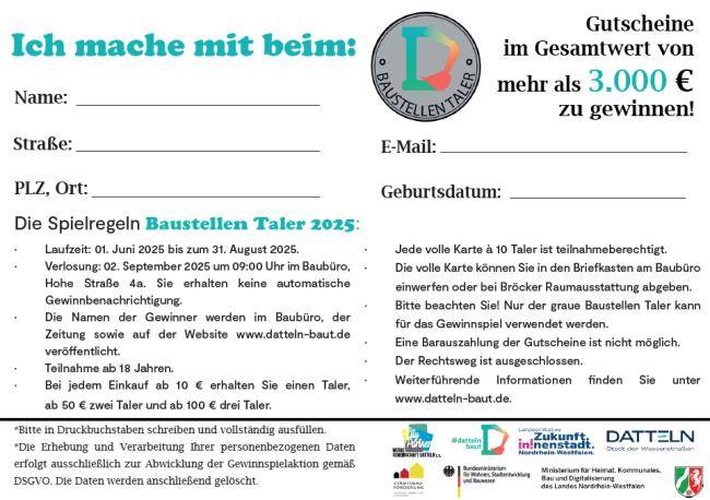 Rückseite der Sammelkarte, die alle ausfüllen müssen, die an am Baustellentaler-Gewinnspiel teilnehmen möchten.