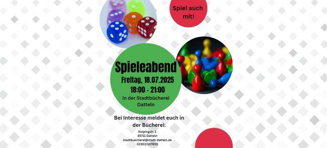 Würfel und Spielfiguren und Daten zum Spieleabend in der Stadtbücherei, der am 18.7.2025 von 18 bis 21 Uhr stattfindet. 