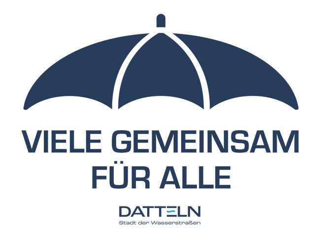 Unter einem aufgesprühten Regenschirm steht der Text "Viele gemeinsam für alle"; darunter das Logo "DATTELN - Stadt der Wasserstraßen"