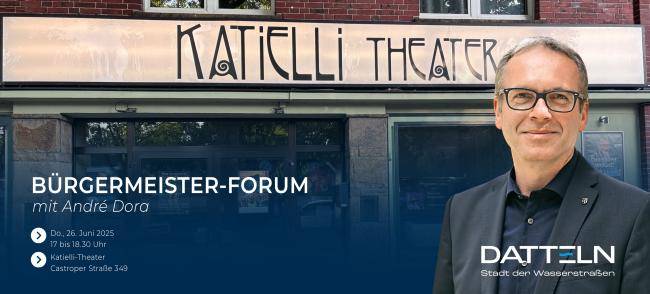 Bürgermeister André Dora vor einem Bild, das das Katielli-Theater zeigt.