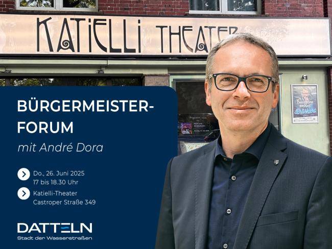 Bürgermeister André Dora vor einem Bild, das das Katielli-Theater zeigt.