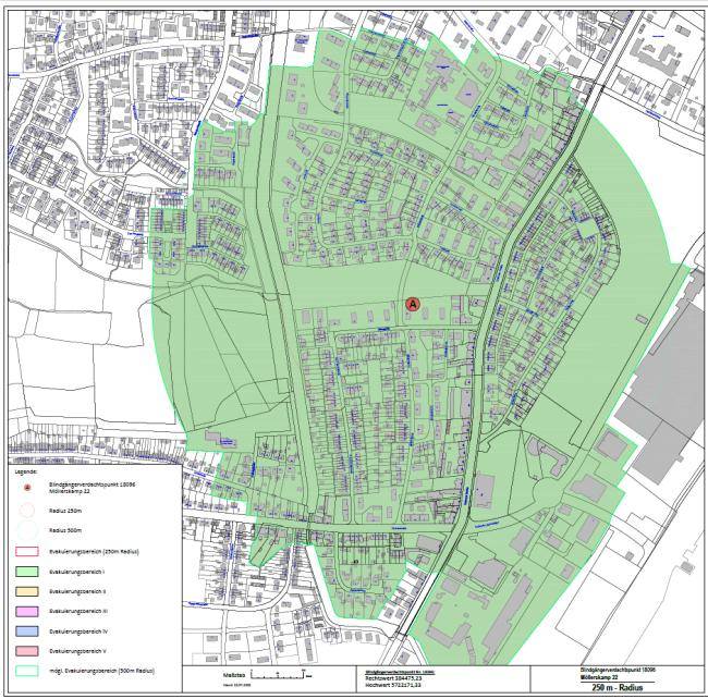 Karte mit den Evakuierungsbereichen für die Verdachtspunkte Theiheide & Möllerskamp
