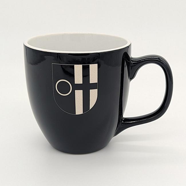 Schwarzer Becher mit Stadtwappen Vorderseite