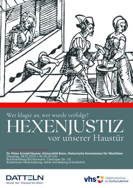 Mittelalterliche Radierung einer Hexenprobe. Bildtext: Hexenjustiz vor unserer Haustür. Wer klagte an, wer wurde verfolgt?