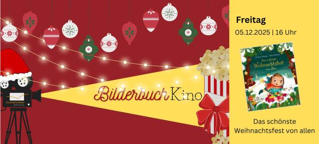 Filmprojektor, der gelbes Licht ausstrahlt. In diesem Strahl steht "Bilderbuchkino. Eintritt frei!" und am Ende des Strahls eine Tüte Popcorn. Auf der rechten Seite ist das Titelbild des Buchs.