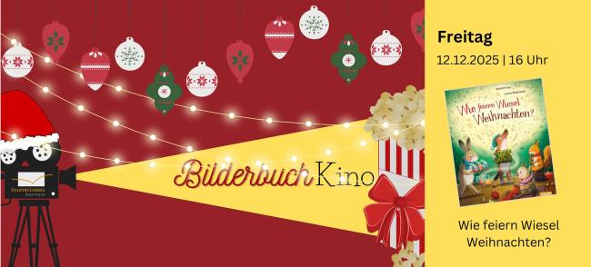 Filmprojektor, der gelbes Licht ausstrahlt. In diesem Strahl steht "Bilderbuchkino. Eintritt frei!" und am Ende des Strahls eine Tüte Popcorn. Auf der rechten Seite ist das Titelbild des Buchs.