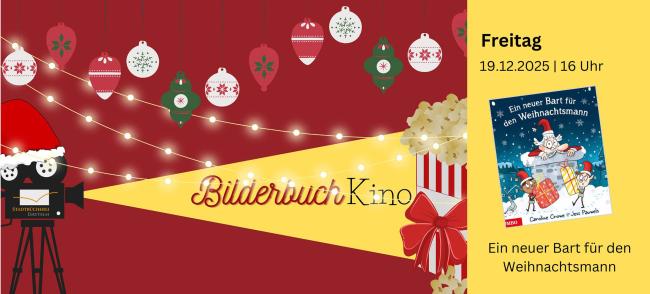 Filmprojektor, der gelbes Licht ausstrahlt. In diesem Strahl steht "Bilderbuchkino. Eintritt frei!" und am Ende des Strahls eine Tüte Popcorn. Auf der rechten Seite ist das Titelbild des Buchs.